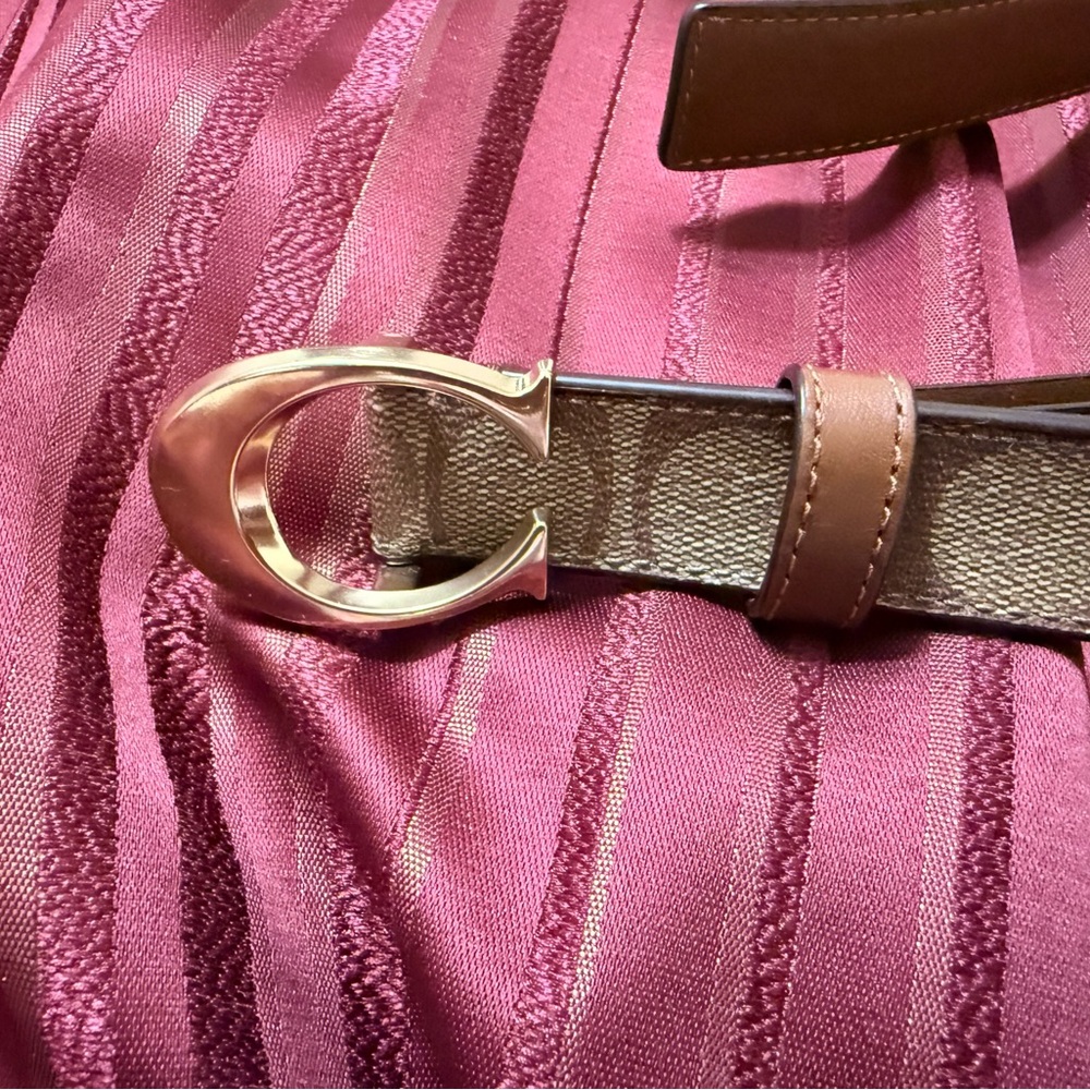 Coach Tan and Brown Signature Belt with Gold Buckle